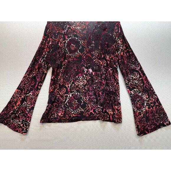 Venezia Velvet Burnout Wrap Blouse Top Womens 14/16 Red Sheer Flared Sleeves - Picture 12 of 12